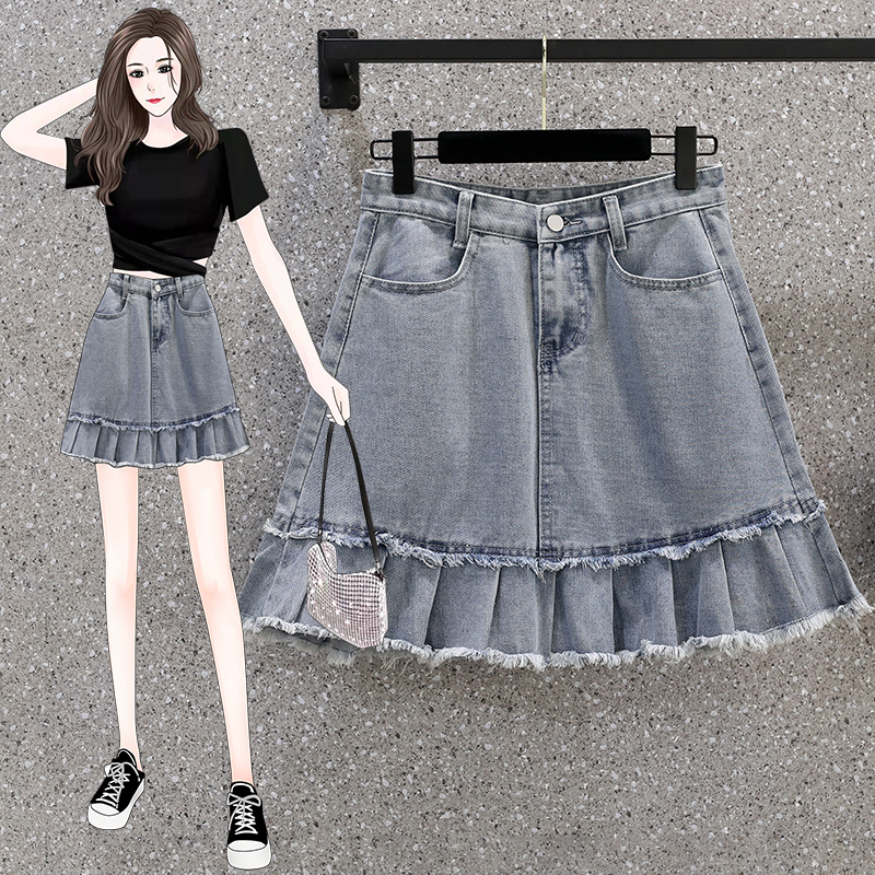 Real shot - summer new high waist thin denim pleated skirt large size fat mm A-shaped skirt s-5xl200 kg