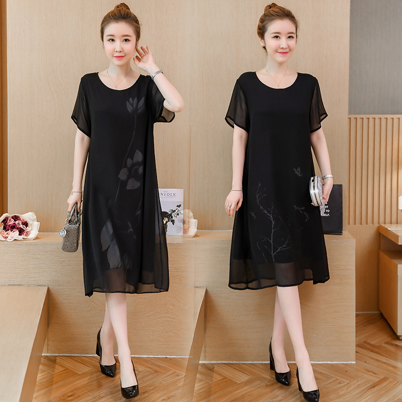 Real shooting of large women's wear new summer dress in 2022 fat mm medium length printed chiffon loose skirt