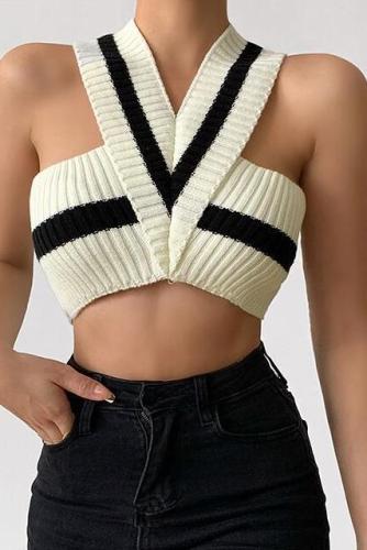 That girl European and American minority knitted vest design stripe sleeveless V-neck slim and versatile hanging neck jacket
