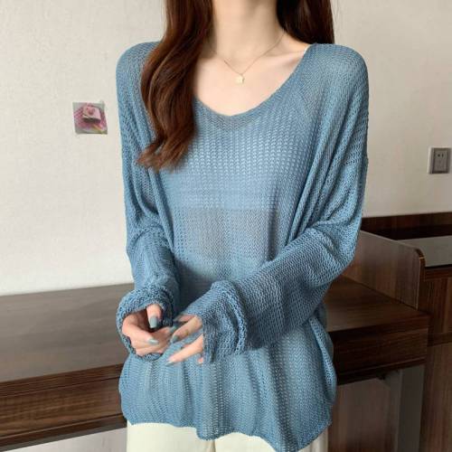 Real price spring and autumn long sleeved Knitted Top Large version Korean summer versatile sunscreen air conditioning blouse women