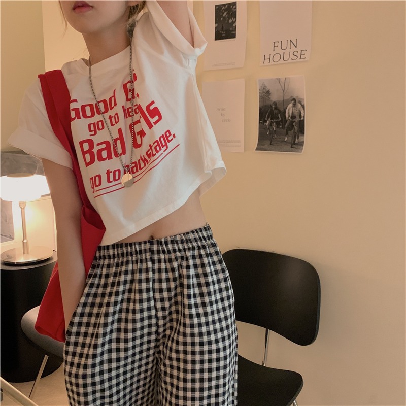 Cotton bag back neck short sleeve ultra short belly button exposed female Korean loose student top