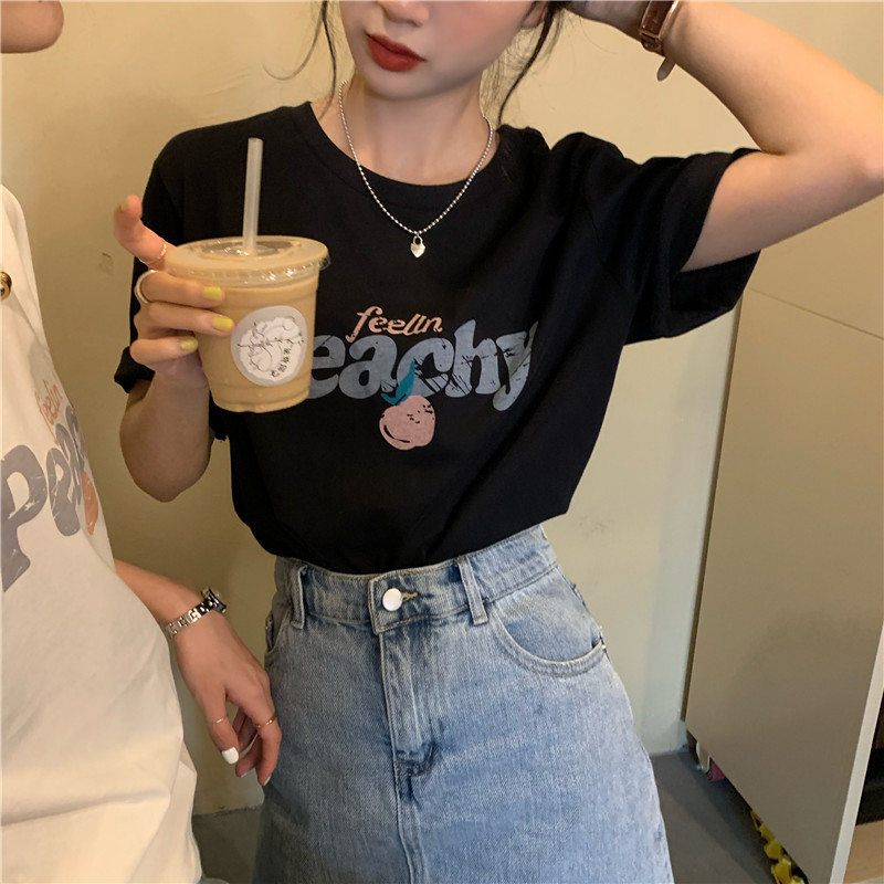 Cotton loose medium length versatile top summer new net red letter printed short sleeved shirt women's fashion