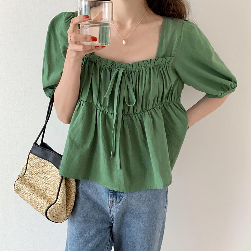 Real shot 2022 summer new style square neck short sleeve bubble sleeve lace up green short shirt doll shirt women's top