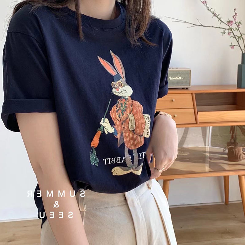 Korean summer fashion rabbit print short sleeve loose old cartoon pattern half sleeve women's T-shirt