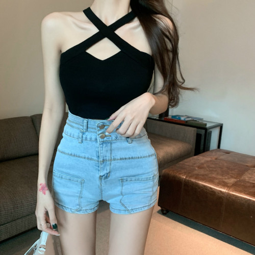 Hanging neck top women's off shoulder sexy sleeveless inside and outside wearing net red 2022 new short suspender knitted vest fashion