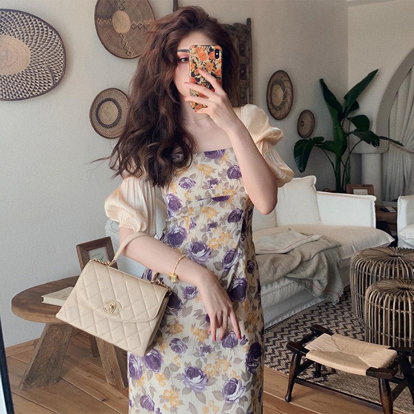 Small fragrance fragmentary flower waist closing long skirt retro French minority collar bubble sleeve printed dress women's 2022 new style