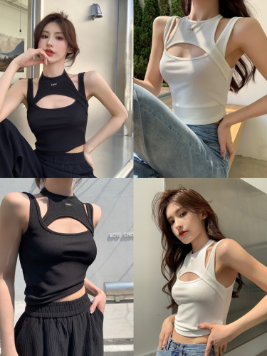 Real shooting of spring and summer new Hong Kong style design fake two-piece hanging neck vest letter versatile suspender bottomed top fashion