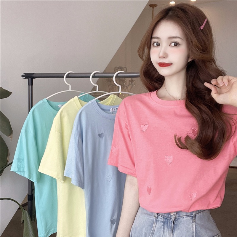 Korean fashion summer new embroidery love cotton short sleeved T-shirt women's design sense loose top fashion