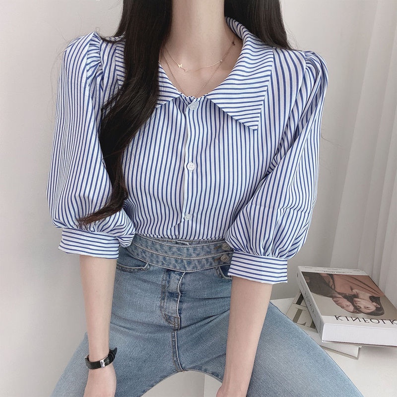 Ins Vintage 5 / 4 Sleeve Striped Shirt women's new summer shirt