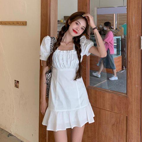 Sweet Spice Girl Bubble Sleeve white dress women's summer  new French first love small short skirt