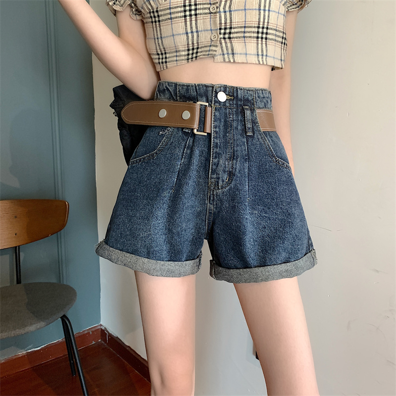 #Real shot ~ high waist belt Cowboy SHORTS women's loose thin wide leg pants A-line pants crimped pants