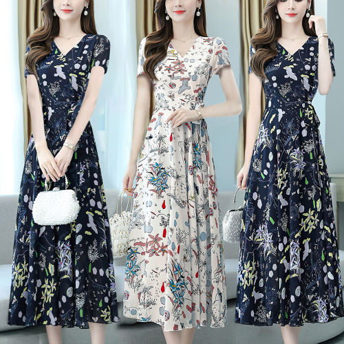 2022 new women's short sleeved floral dress super fairy slim long A-line skirt