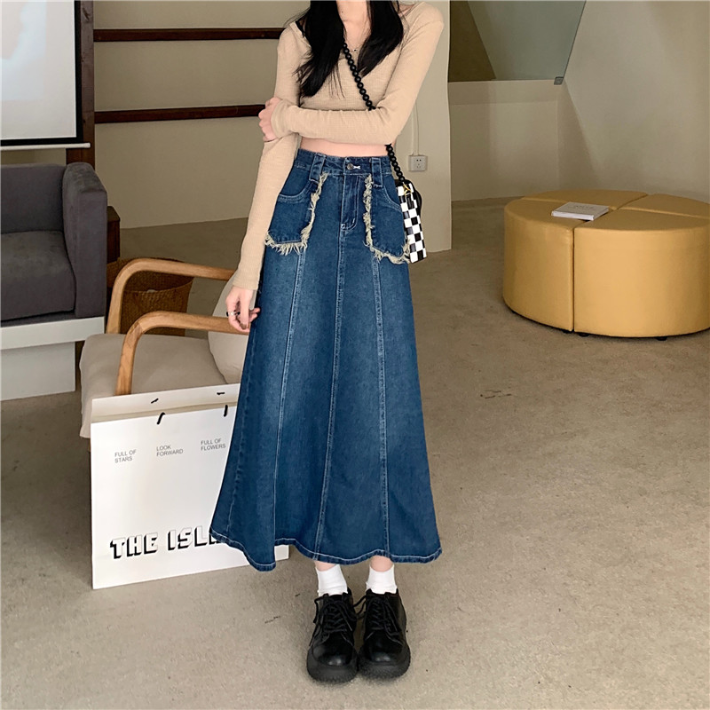 Real shot high waist thin denim skirt with ruffle washed, versatile medium length skirt