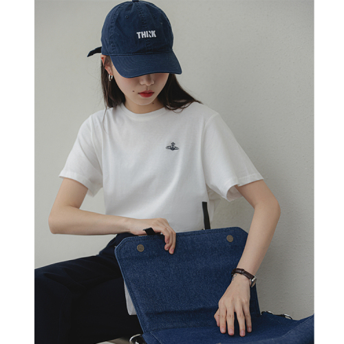 Real shooting 2022 summer embroidery universe pure cotton women's summer versatile round neck solid color short sleeve white T-shirt