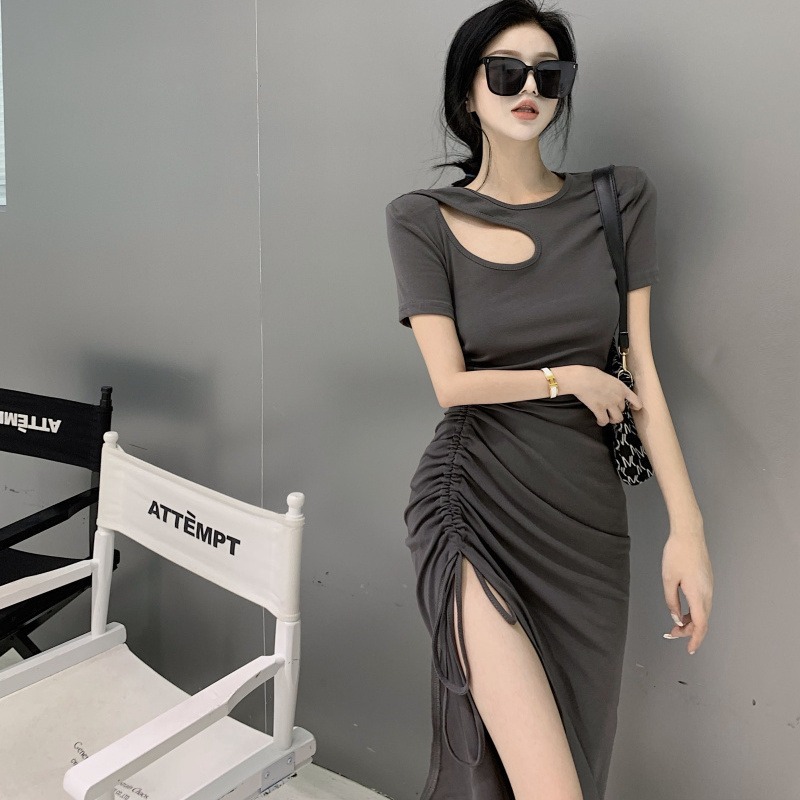 2022 new slim French split medium length skirt female summer and Korean version slim waist drawstring dress female student trend