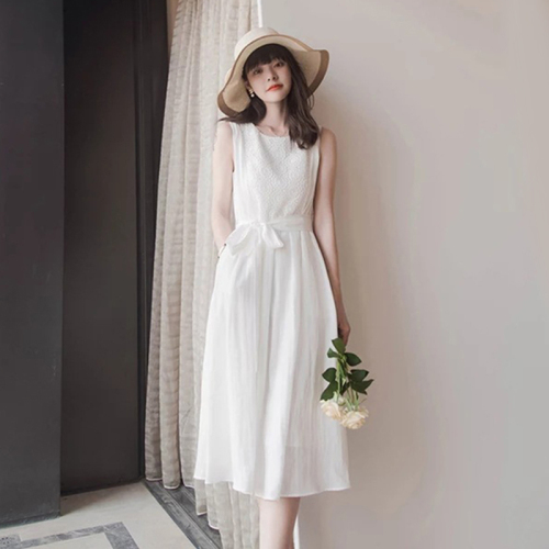  summer new French girlish retro knee length beach dress very fairy white slim dress