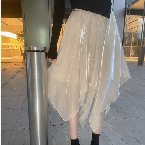 Official figure mesh hanging feeling high waist French black thin A-line skirt fluffy large swing yarn skirt umbrella skirt