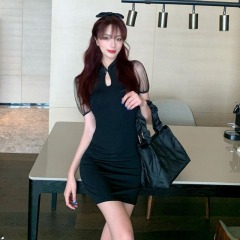 French retro cheongsam 2022 new young little black skirt girl improved bubble sleeve short dress