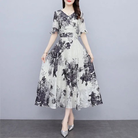 Ink painting dress women's summer thin style Chinese style slim fit waist V-neck fashion floral skirt gas long skirt summer