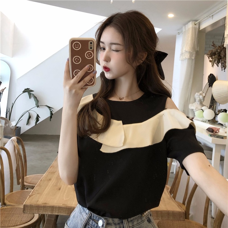 Korean summer fashion new minority Ruffle stitching off shoulder short sleeve shirt women's Chiffon Top