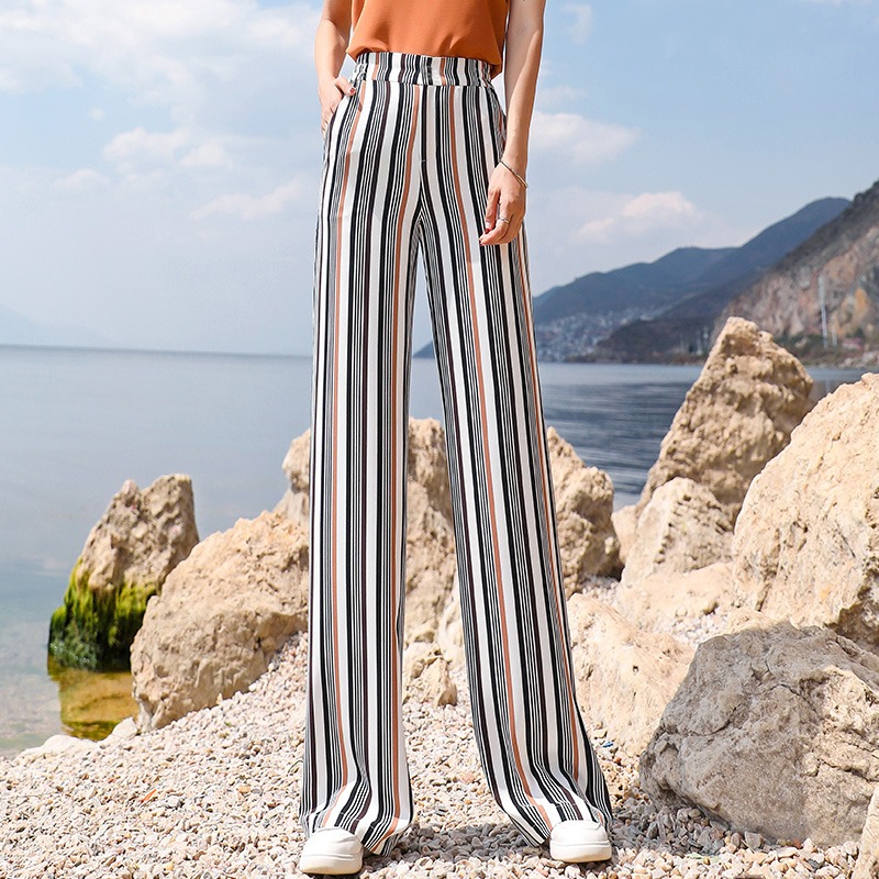 Decor striped wide leg pants women's summer high waist loose 2022 new ice silk straight tube slim casual floor pants