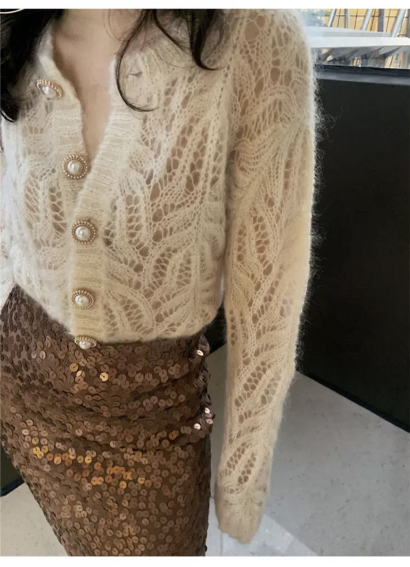 Pearl button white hollow knitted cardigan sweater coat
