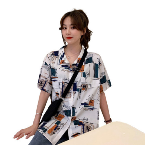 Design sense leisure  short sleeve shirt coat women's summer French guimagang style retro Hong Kong Style printed top