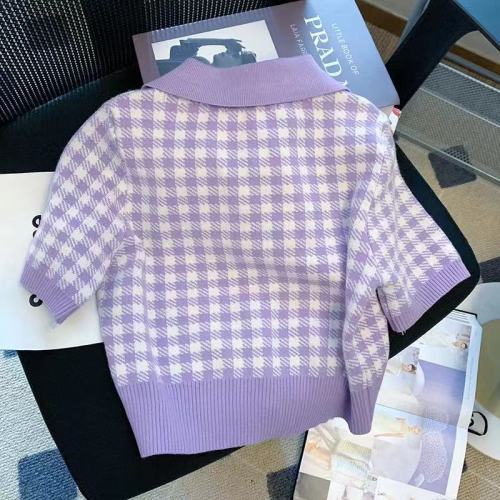 Purple small fragrance short sleeve sweater women's early spring 2022 new Korean gentle style versatile Plaid Knitted Top