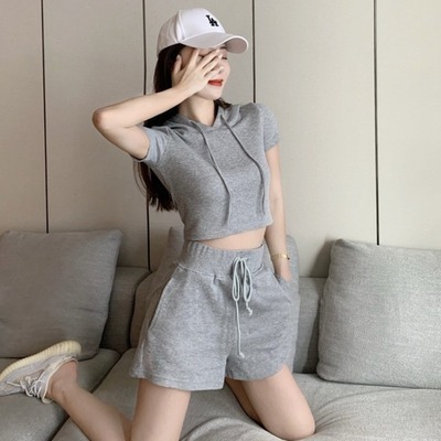 2022 summer casual hooded short sleeved Sweater Hoodie + sports shorts fashion two-piece suit female 2437#