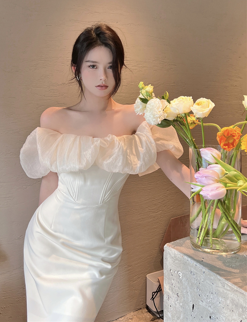 Real shooting summer one shoulder sexy pure desire to close waist thin gauze sleeve dress Hip Wrap Skirt long skirt female
