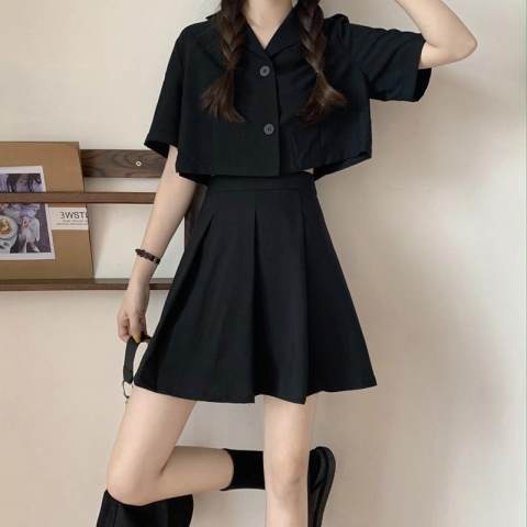 College style high waist pleated skirt anti light A-line skirt + black short breasted suit collar shirt top