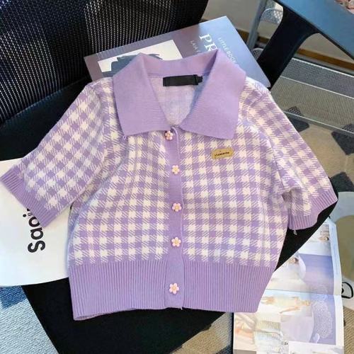 Purple small fragrance short sleeve sweater women's early spring 2022 new Korean gentle style versatile Plaid Knitted Top