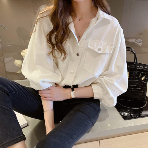 Shirt female design sense of minority spring retro Hong Kong Style Long Sleeve women's clothing loose and versatile Lantern Sleeve White Shirt women