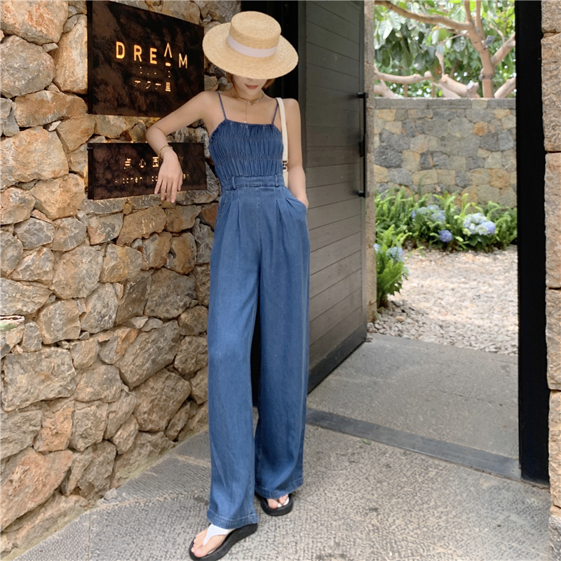 Real price real shot Korean version design sense short suit + retro thin suspender cowboy one-piece wide leg pants two-piece set