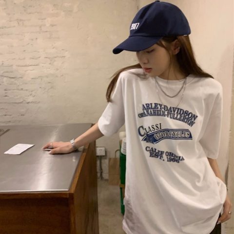 Harajuku style short sleeve straight shoulder women's fashion brand salt letters new women's loose Spicy Girl Top