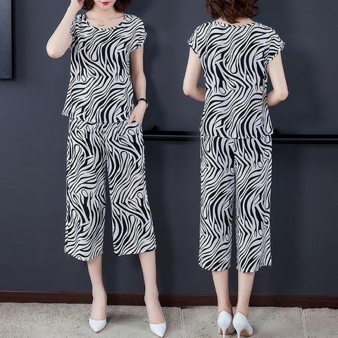 Ice silk short sleeved suit female summer 22 new style external wear home dual-purpose loose and thin seven point wide leg pants two-piece set female