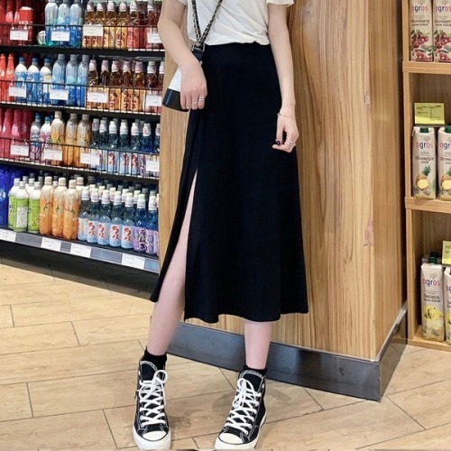Korean student skirt medium long female spring and Summer Black split and versatile, showing thin character skirt and high waist