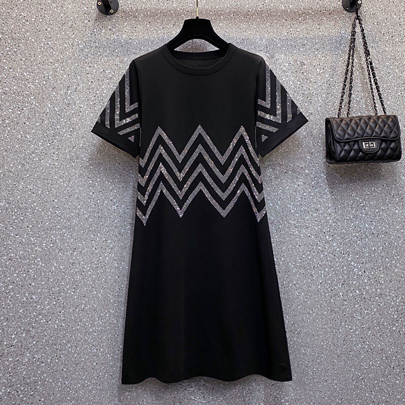 Real shooting large women's wear 2022 new diamond inlaid fat mm belly covering dress loose and thin in summer