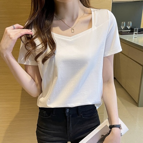Real shooting pure cotton short sleeved T-shirt women's wear 2022 new summer half sleeved V-neck top white loose fashion