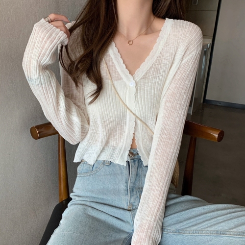 Real price spring and summer Korean V-neck short, versatile sunscreen long sleeved knitted cardigan top