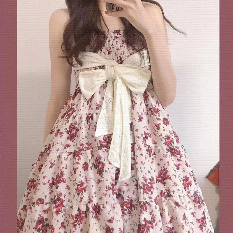 French retro gentle suspender dress waist fairy first love Platycodon grandiflorum flower skirt summer