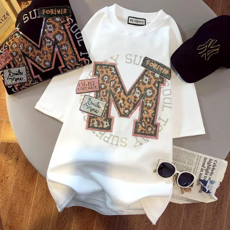 Design sense new Korean heavy industry diamond inlaid three-dimensional cartoon short sleeve T-shirt for women loose and versatile clothes on middle sleeves