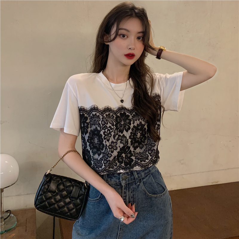 Real shooting 100% cotton summer clothes show thin lace stitching round neck Short Sleeve T-Shirt Top Female