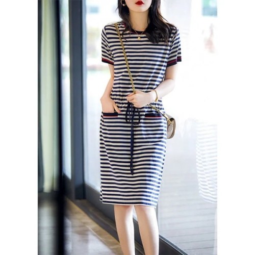 Summer women's new style large size women's A-line skirt medium long short sleeve close waist thin striped dress women