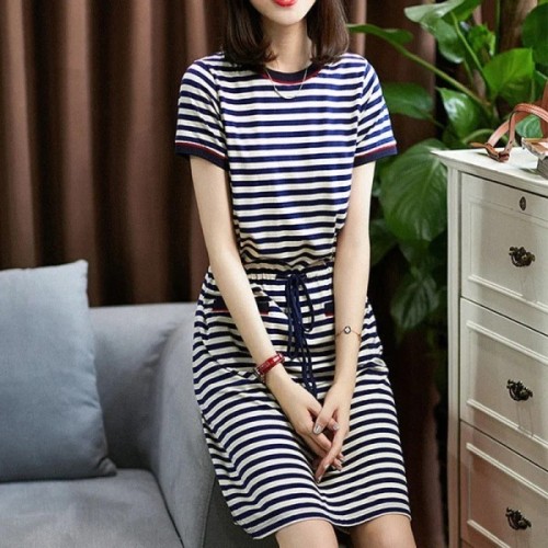 Summer women's new style large size women's A-line skirt medium long short sleeve close waist thin striped dress women