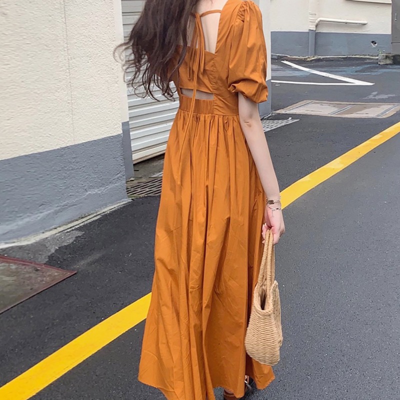 Square neck bubble sleeve dress women's summer 2022 new French waist closed open back small long skirt