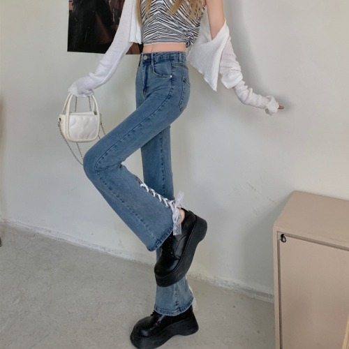 Non real shooting special price lace bandage micro flared pants women's high waist thin, niche chic denim pants