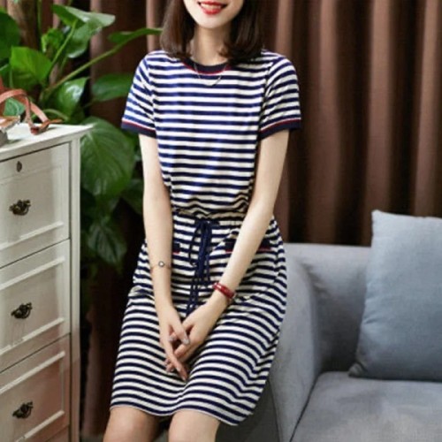 Summer women's new style large size women's A-line skirt medium long short sleeve close waist thin striped dress women