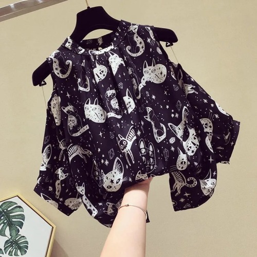 Large size women's wear new summer fat sister loose and thin belly covering top design sense off shoulder Short Sleeve Chiffon shirt