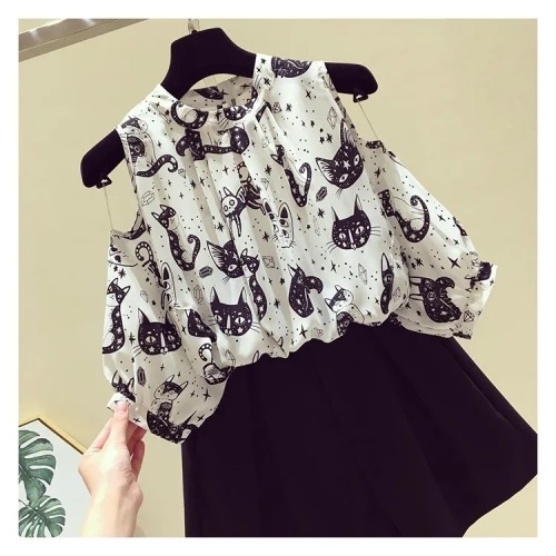 Large size women's wear new summer fat sister loose and thin belly covering top design sense off shoulder Short Sleeve Chiffon shirt